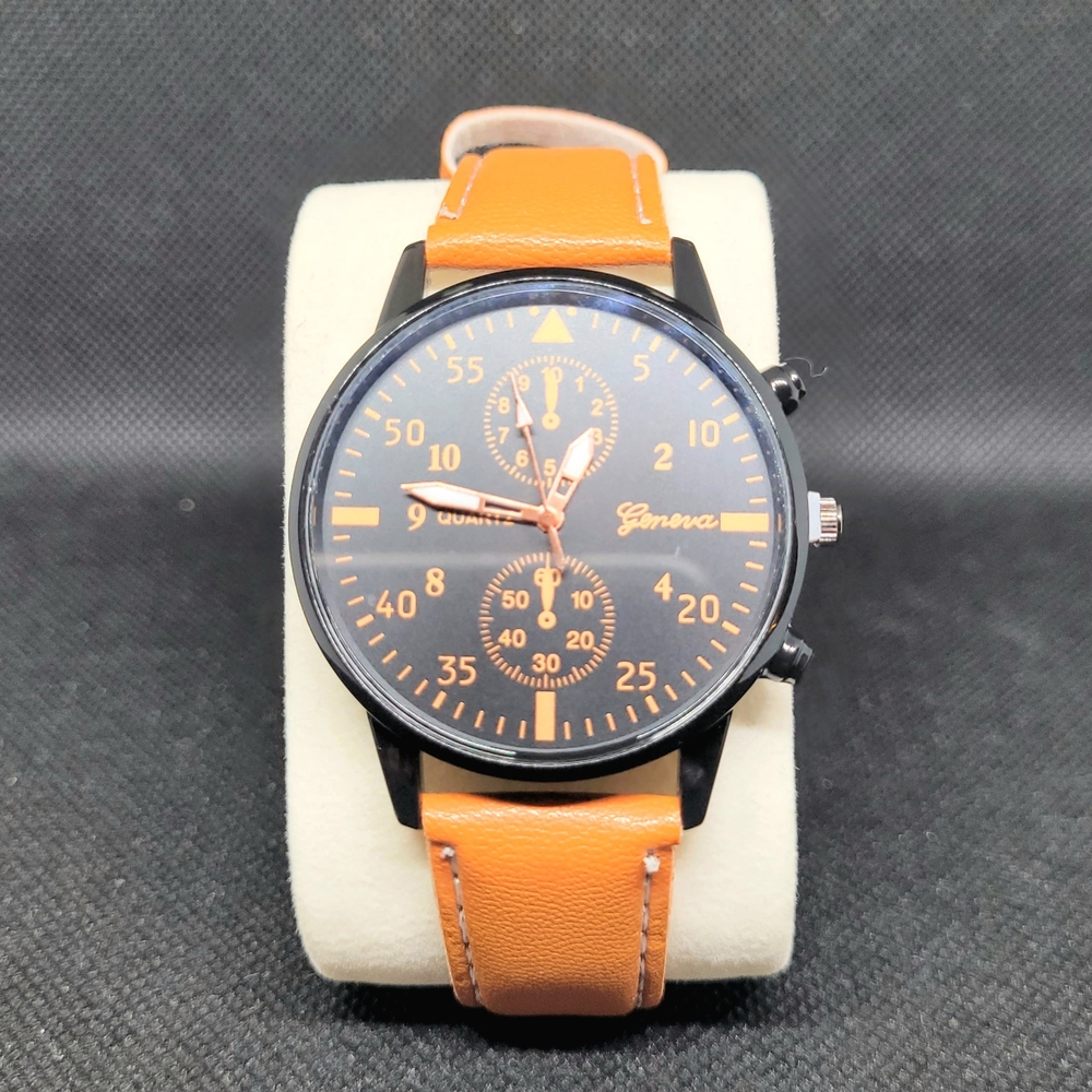Geneva Men's Watch with Black Dial and Tan Strap